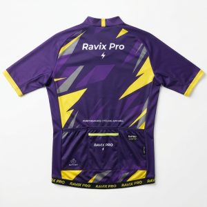 Custom Purple and Yellow Cycling Jersey with Lightning Graphic – custom manufactured by Ravix Pro Industry, Sialkot, Pakistan