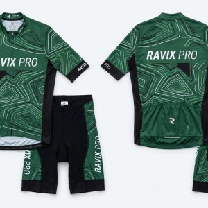 Custom Forest Green Leaf Print Cycling Kit with Bib Shorts – custom manufactured by Ravix Pro Industry, Sialkot, Pakistan