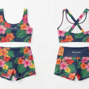 Custom Green and Pink Floral Cross-Back Dancewear Set – custom manufactured by Ravix Pro Industry, Sialkot, Pakistan