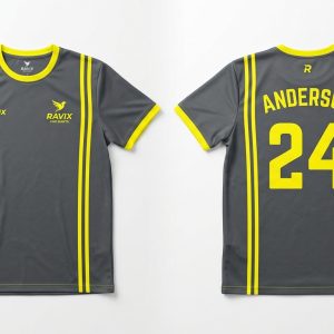 Custom Grey and Yellow Stripe Darts Jersey – custom manufactured by Ravix Pro Industry, Sialkot, Pakistan