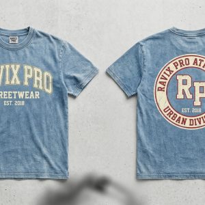 Custom Light Blue Heavyweight T-Shirt with Circle Monogram Back Print – custom manufactured by Ravix Pro Industry, Sialkot, Pakistan