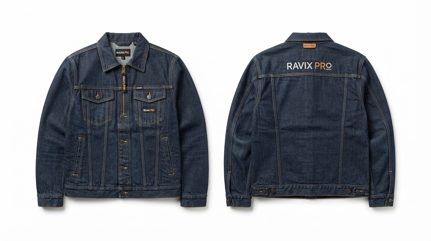 Custom Dark Denim Work Jacket Custom Dark Denim Work Jacket – custom manufactured by Ravix Pro Industry, Sialkot, Pakistan
