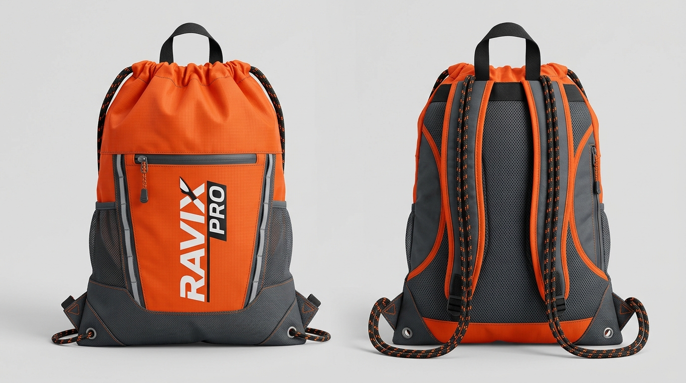Custom Orange and Grey Drawstring Gym Bag Custom Orange and Grey Drawstring Gym Bag – custom manufactured by Ravix Pro Industry, Sialkot, Pakistan