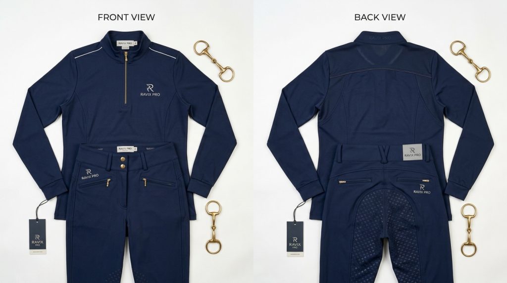 Equestrian Apparel Manufacturing Guide: Riding Leggings, Show Shirts and Jackets Custom Navy Equestrian Quarter-Zip Base Layer and Breeches Set – custom manufactured by Ravix Pro Industry, Sialkot, Pakistan