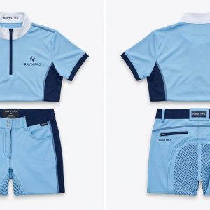 Custom Sky Blue and Navy Equestrian Riding Apparel – custom manufactured by Ravix Pro Industry, Sialkot, Pakistan