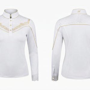 Custom White and Gold Competition Riding Shirt – custom manufactured by Ravix Pro Industry, Sialkot, Pakistan
