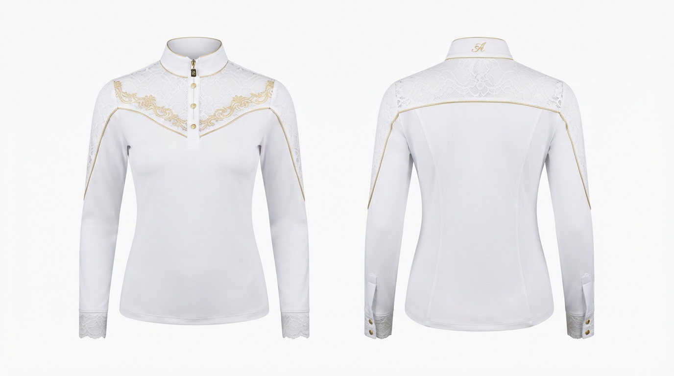Custom White and Gold Competition Riding Shirt Custom White and Gold Competition Riding Shirt – custom manufactured by Ravix Pro Industry, Sialkot, Pakistan