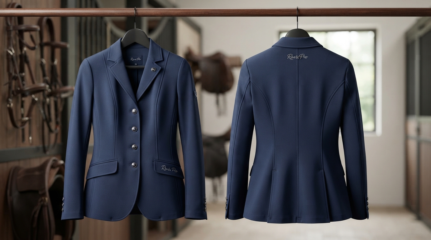Custom Navy Equestrian Show Jacket Custom Navy Equestrian Show Jacket – custom manufactured by Ravix Pro Industry, Sialkot, Pakistan