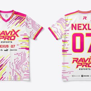 Custom White and Pink Splash Esports Jersey – custom manufactured by Ravix Pro Industry, Sialkot, Pakistan