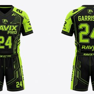 Custom Black and Neon Green Flag Football Uniform – custom manufactured by Ravix Pro Industry, Sialkot, Pakistan