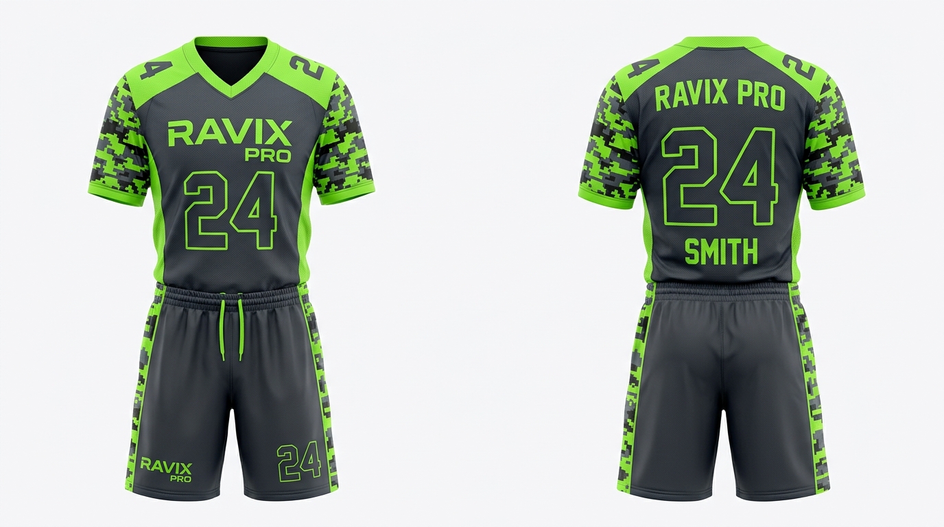Custom Lime Green Digital Camo Flag Football Uniform Custom Lime Green Digital Camo Flag Football Uniform – custom manufactured by Ravix Pro Industry, Sialkot, Pakistan