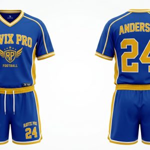 Custom Royal Blue and Gold Stripe Flag Football Uniform – custom manufactured by Ravix Pro Industry, Sialkot, Pakistan