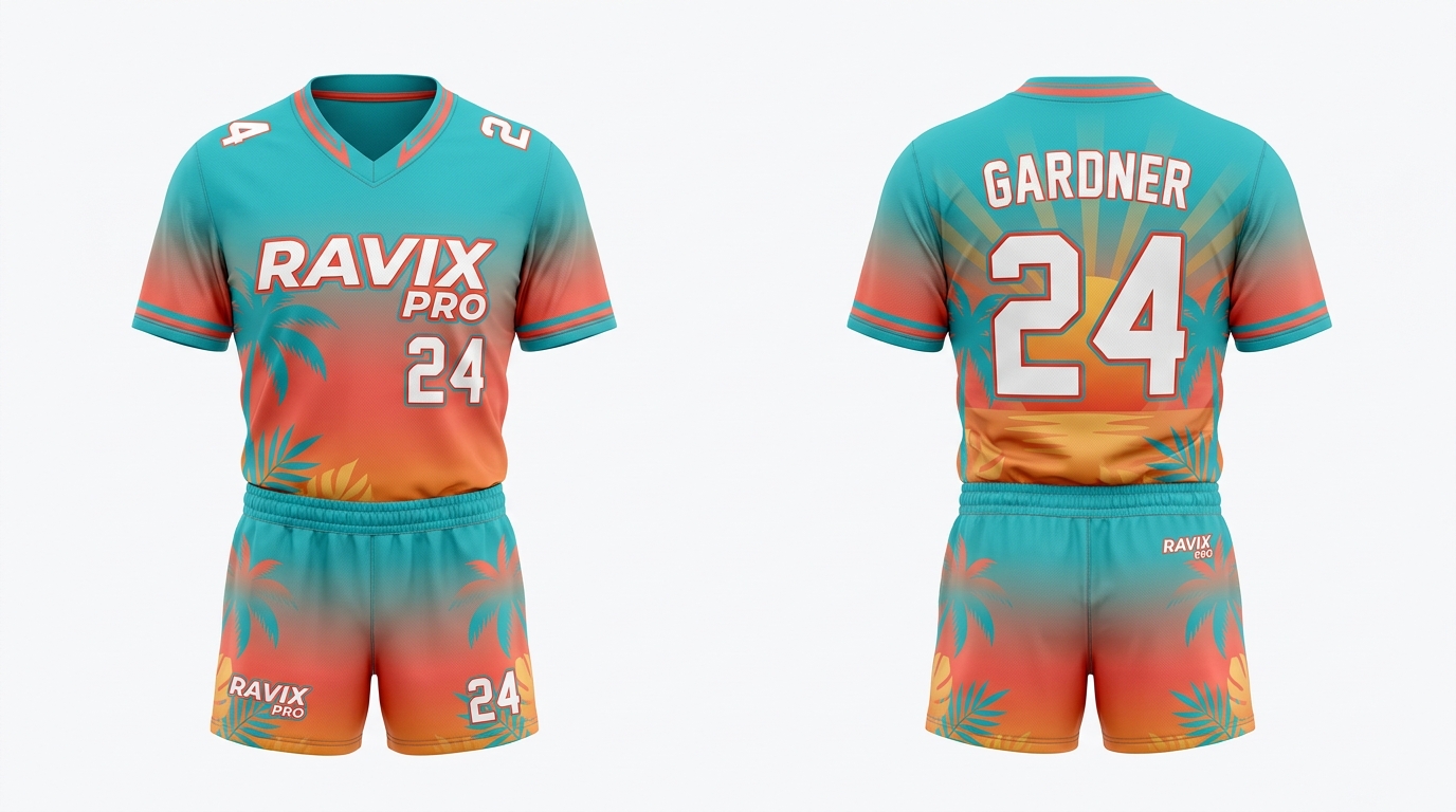 Custom Teal and Orange Fade Flag Football Uniform Custom Teal and Orange Fade Flag Football Uniform – custom manufactured by Ravix Pro Industry, Sialkot, Pakistan
