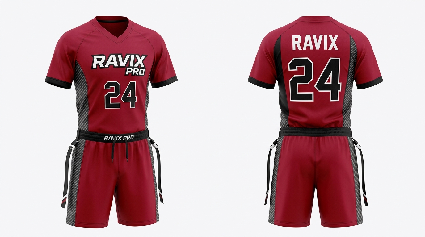 Custom Red Flag Football Uniform with Black Trim Custom Red Flag Football Uniform with Black Trim – custom manufactured by Ravix Pro Industry, Sialkot, Pakistan