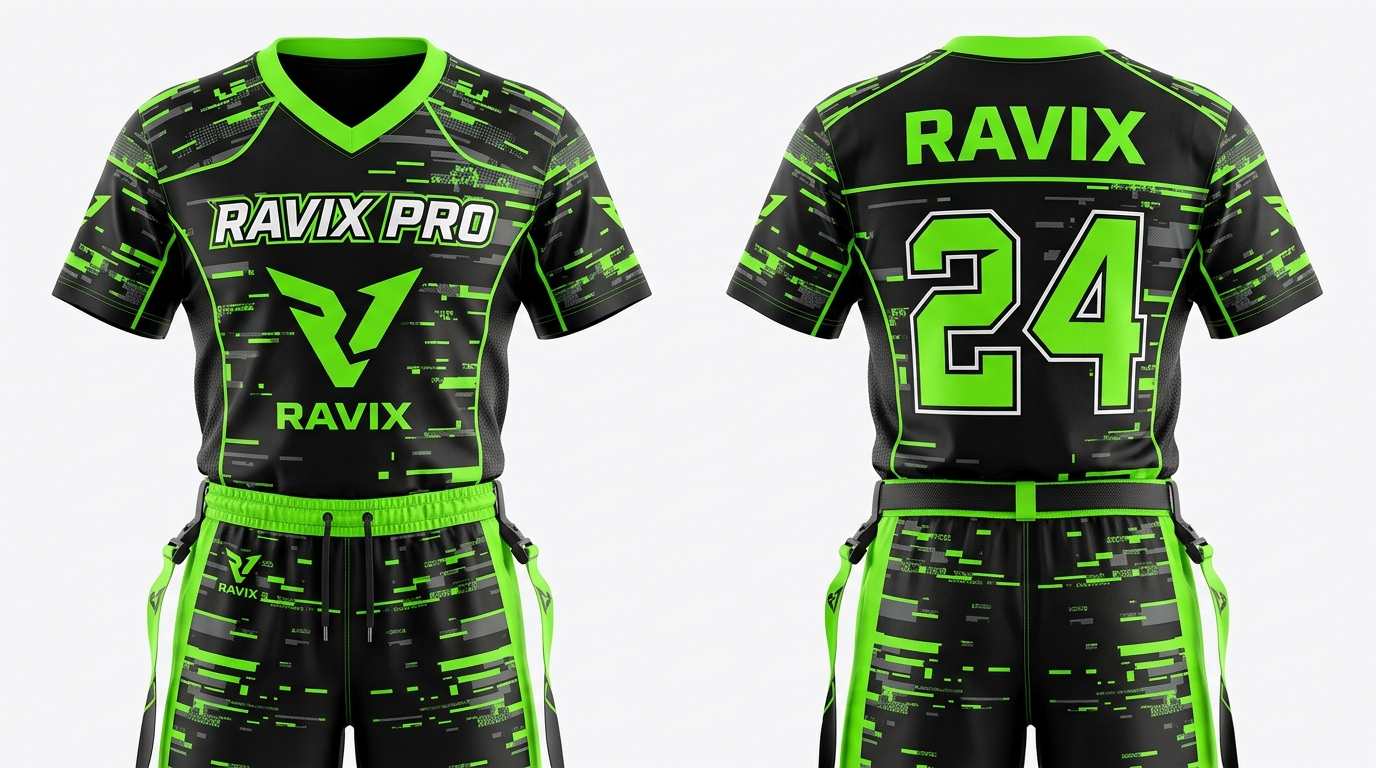 Custom Black and Green Splatter Flag Football Uniform Custom Black and Green Splatter Flag Football Uniform – custom manufactured by Ravix Pro Industry, Sialkot, Pakistan