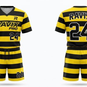 Custom Yellow and Black Hoop Stripe Flag Football Uniform – custom manufactured by Ravix Pro Industry, Sialkot, Pakistan