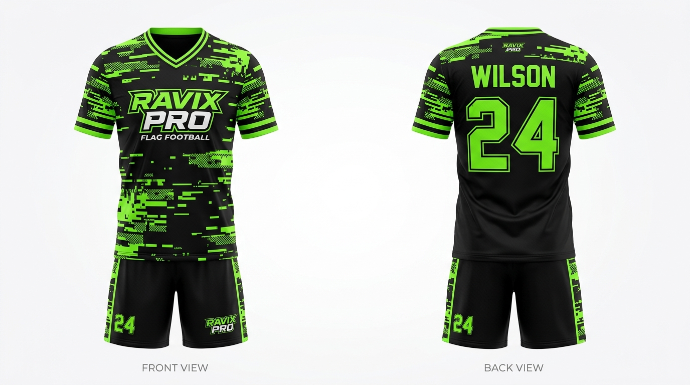 Custom Black and Neon Green Digital Flag Football Uniform Custom Black and Neon Green Digital Flag Football Uniform – custom manufactured by Ravix Pro Industry, Sialkot, Pakistan