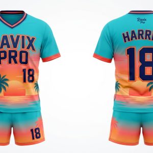 Custom Teal and Coral Tropical Flag Football Uniform – custom manufactured by Ravix Pro Industry, Sialkot, Pakistan