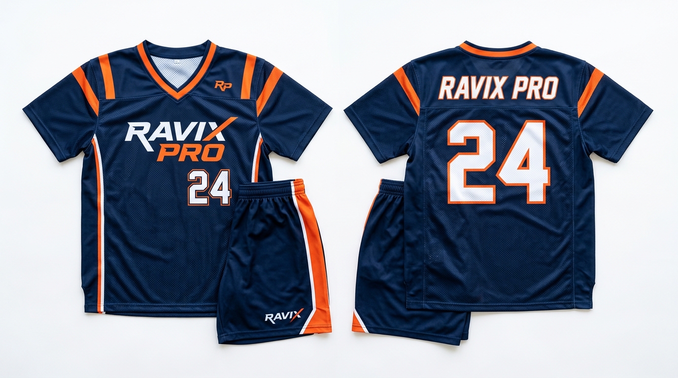Custom Navy and Orange Flag Football Uniform with Shoulder Stripes Custom Navy and Orange Flag Football Uniform with Shoulder Stripes – custom manufactured by Ravix Pro Industry, Sialkot, Pakistan