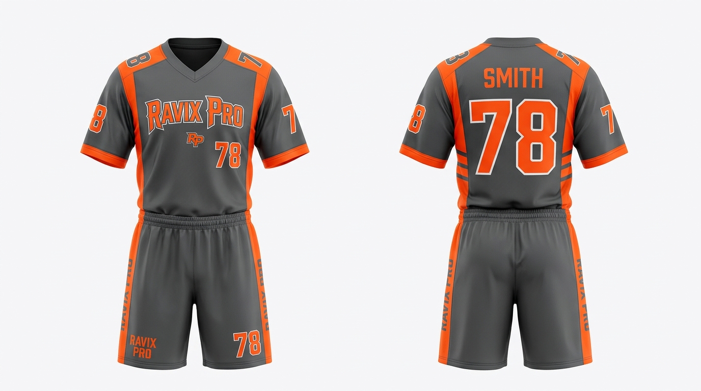 Custom Grey and Orange Flag Football Uniform Custom Grey and Orange Flag Football Uniform – custom manufactured by Ravix Pro Industry, Sialkot, Pakistan