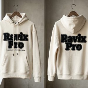 Custom Off White Hoodie with Black Logo – custom manufactured by Ravix Pro Industry, Sialkot, Pakistan