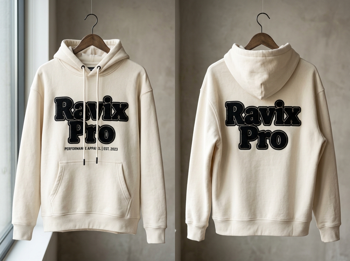 Custom Off White Hoodie with Black Logo Custom Off White Hoodie with Black Logo – custom manufactured by Ravix Pro Industry, Sialkot, Pakistan