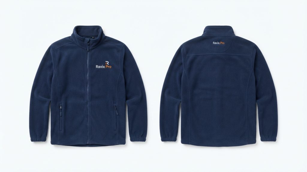 Custom Navy Fleece Work Jacket – custom manufactured by Ravix Pro Industry, Sialkot, Pakistan