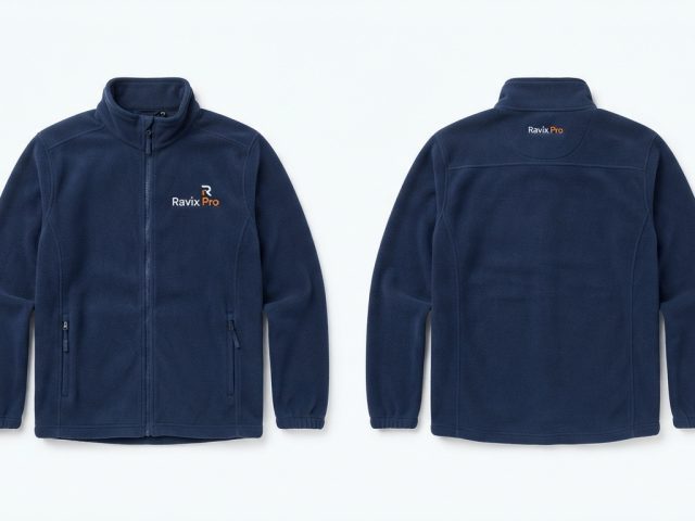 Custom Navy Fleece Work Jacket – custom manufactured by Ravix Pro Industry, Sialkot, Pakistan