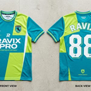 Custom Teal and Lime Retro Football Shirt – custom manufactured by Ravix Pro Industry, Sialkot, Pakistan