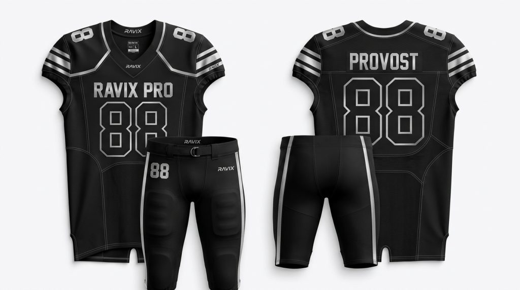 Custom Black and White American Football Uniform – custom manufactured by Ravix Pro Industry, Sialkot, Pakistan