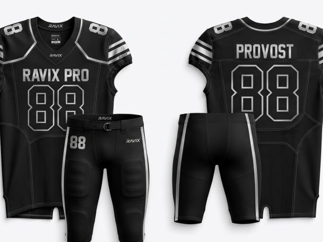Custom Black and White American Football Uniform – custom manufactured by Ravix Pro Industry, Sialkot, Pakistan