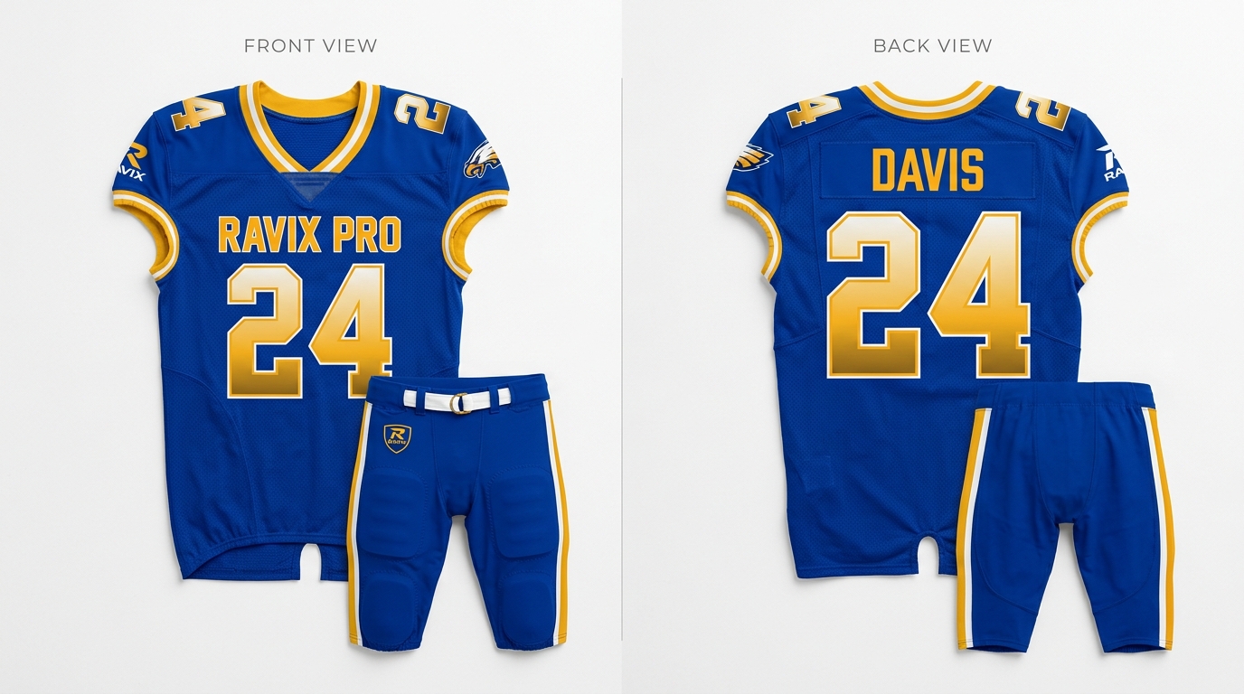 Custom Royal Blue and Gold Metallic Number American Football Uniform Custom Royal Blue and Gold Metallic Number American Football Uniform – custom manufactured by Ravix Pro Industry, Sialkot, Pakistan