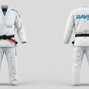 Custom White and Sky Blue BJJ Gi – custom manufactured by Ravix Pro Industry, Sialkot, Pakistan