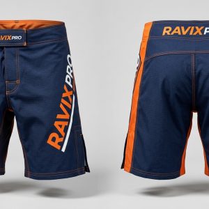 Custom Navy and Orange MMA Fight Shorts – custom manufactured by Ravix Pro Industry, Sialkot, Pakistan