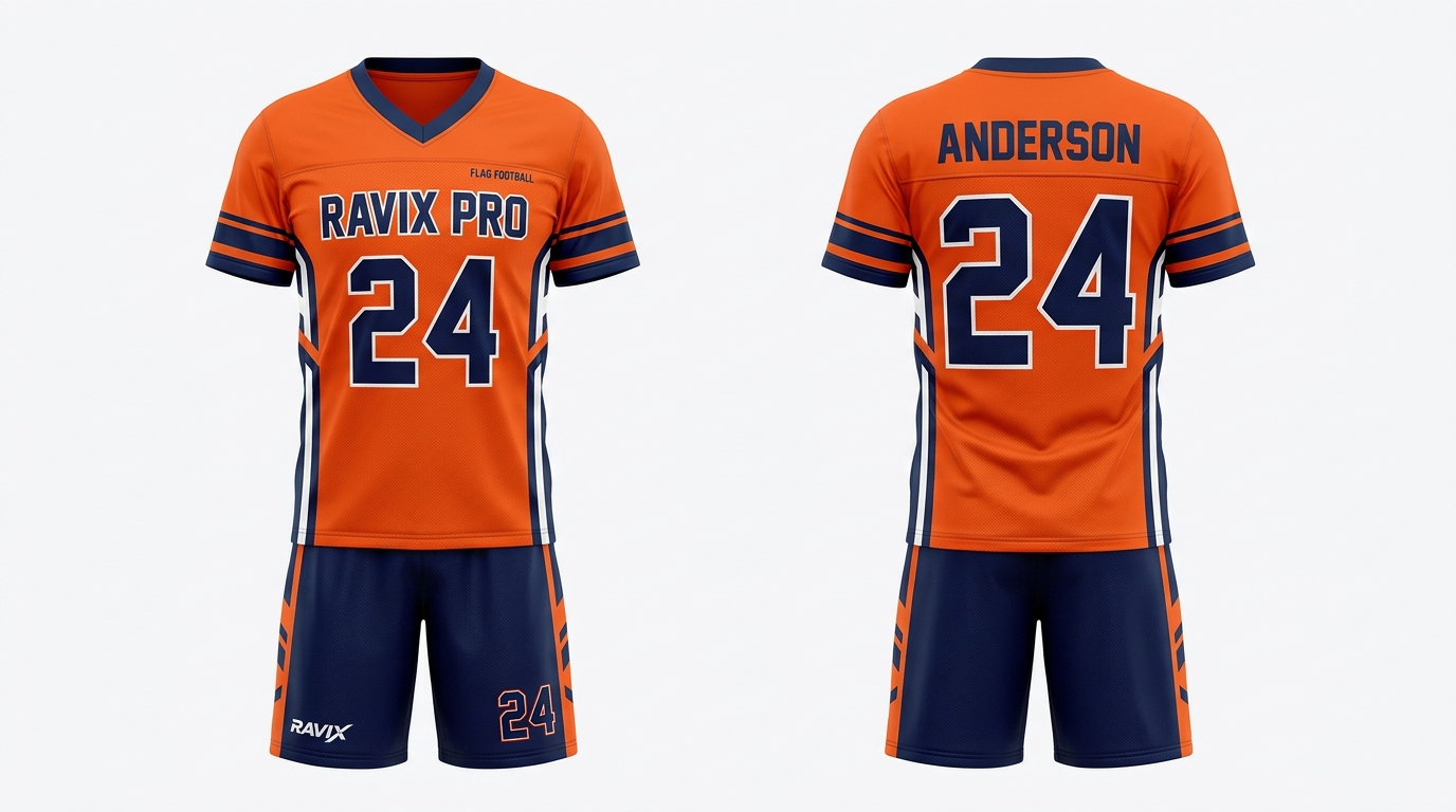 Custom Bright Orange Flag Football Uniform Custom Bright Orange Flag Football Uniform – custom manufactured by Ravix Pro Industry, Sialkot, Pakistan