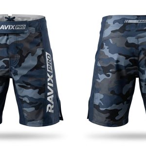 Custom Navy and Grey MMA Fight Shorts – custom manufactured by Ravix Pro Industry, Sialkot, Pakistan
