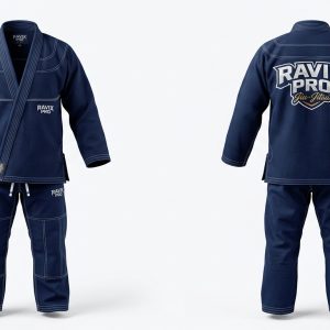 Custom Navy BJJ Gi with Contrast Stitching and Back Crest with Contrast Stitching and Back Crest – custom manufactured by Ravix Pro Industry, Sialkot, Pakistan