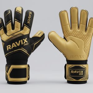 Custom Black and Gold Goalkeeper Gloves – custom manufactured by Ravix Pro Industry, Sialkot, Pakistan