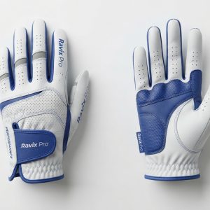 Custom White and Royal Blue Perforated Golf Gloves – custom manufactured by Ravix Pro Industry, Sialkot, Pakistan