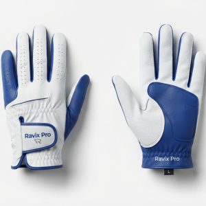 Custom White and Royal Blue Golf Gloves – custom manufactured by Ravix Pro Industry, Sialkot, Pakistan