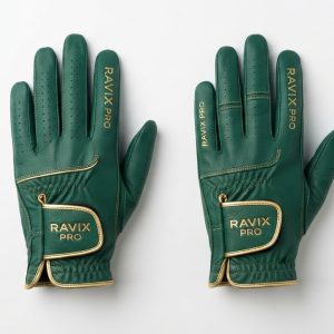 Custom Forest Green and Gold Golf Gloves – custom manufactured by Ravix Pro Industry, Sialkot, Pakistan