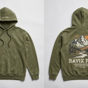 Custom Olive Green Streetwear Hoodie with Mountain Lake Back Print – custom manufactured by Ravix Pro Industry, Sialkot, Pakistan