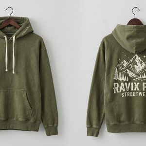 Custom Olive Green Streetwear Hoodie with Mountain Peak Line Print – custom manufactured by Ravix Pro Industry, Sialkot, Pakistan