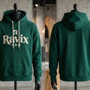 Custom Forest Green Hoodie with Cream Logo – custom manufactured by Ravix Pro Industry, Sialkot, Pakistan