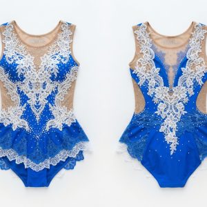 Custom Royal Blue and White Skirted Leotard with Lace Appliqué – custom manufactured by Ravix Pro Industry, Sialkot, Pakistan