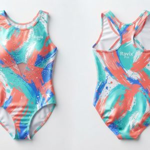 Custom Coral and Turquoise Gymnastics Leotard – custom manufactured by Ravix Pro Industry, Sialkot, Pakistan