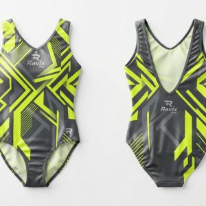 Custom Black and Neon Yellow Stripe Gymnastics Leotard with V-Back – custom manufactured by Ravix Pro Industry, Sialkot, Pakistan