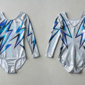 Custom Silver and Royal Blue Gymnastics Leotard – custom manufactured by Ravix Pro Industry, Sialkot, Pakistan