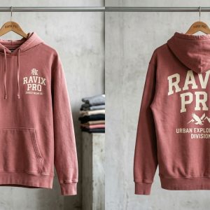 Custom Dusty Rose Streetwear Hoodie with Arched Back Logo – custom manufactured by Ravix Pro Industry, Sialkot, Pakistan