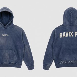 Custom Indigo Vintage Wash Hoodie with Back Logo Print – custom manufactured by Ravix Pro Industry, Sialkot, Pakistan